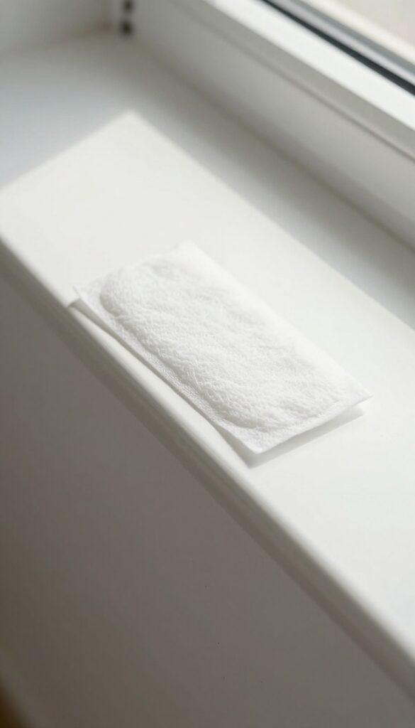 Clean white baseboard with a used dryer sheet on top, illustrating a dust-repellent cleaning hack