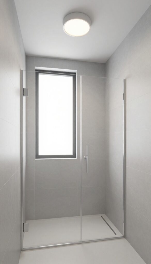 Small bathroom with light-colored ceiling, shower-only layout, bright and airy feel