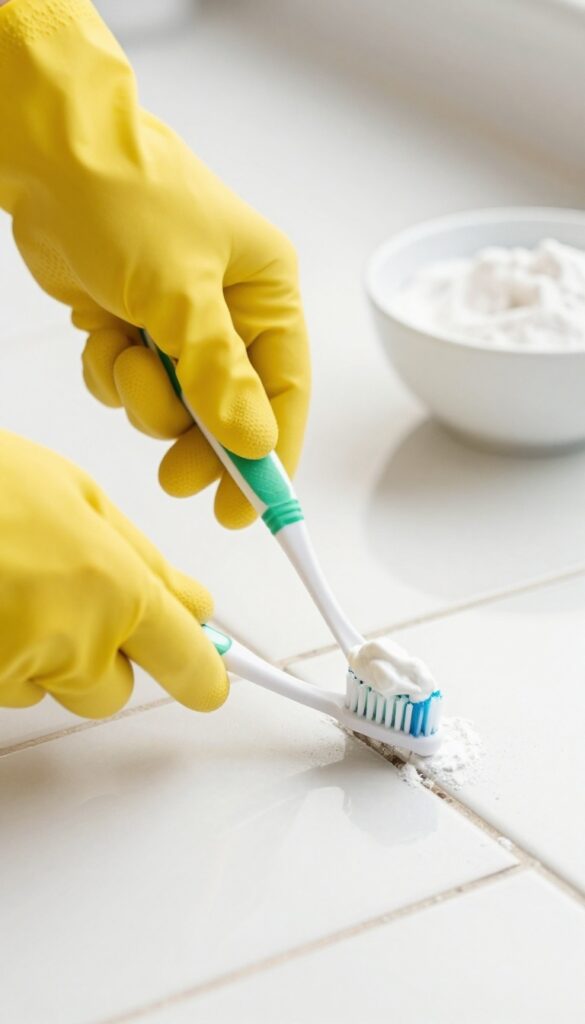 Hand scrubbing grout with baking soda paste on toothbrush