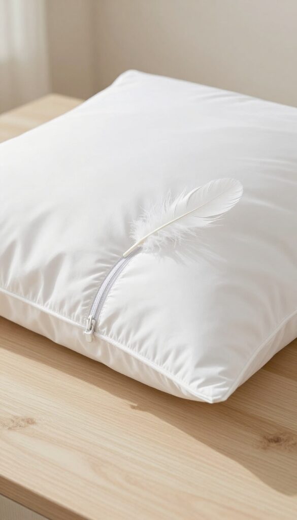 White feather pillow being placed into a white zippered pillow protector on a bed