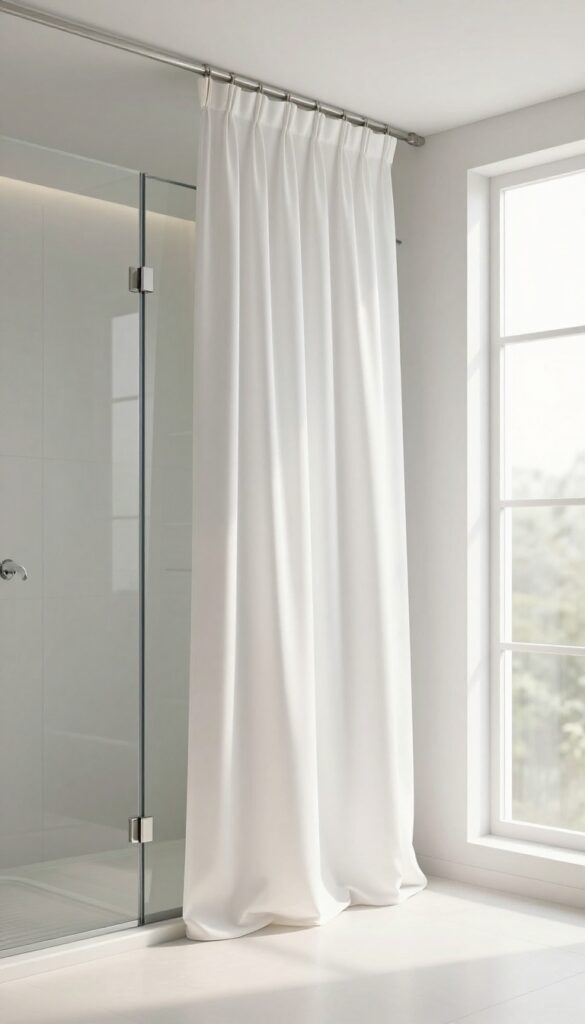 Ceiling-mounted shower curtain with tieback on glass door for privacy
