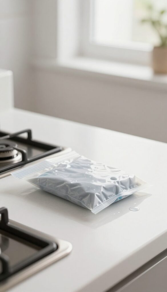 Clean stove burner parts on a white countertop with a bag of ammonia nearby