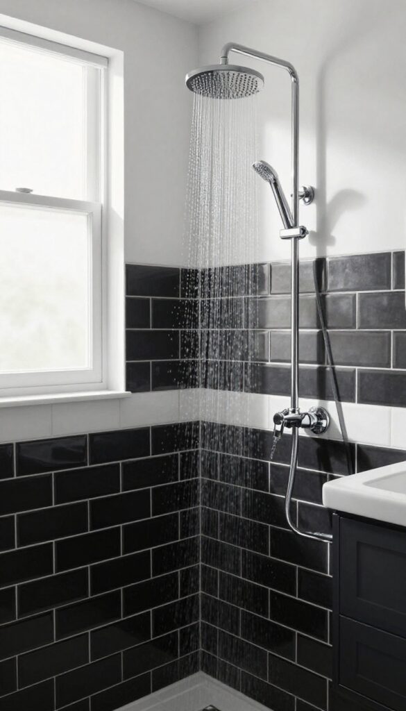 Matte black subway tile shower with herringbone pattern, white grout, and chrome fixtures in a bright bathroom