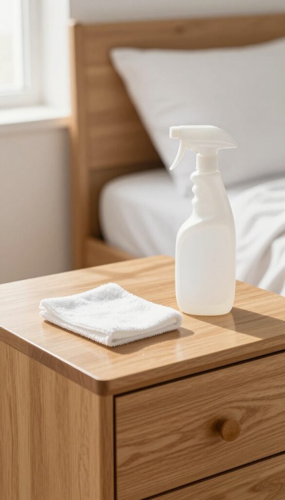 Cleaning a nightstand with a microfiber cloth and all-purpose cleaner in a bright, organized room