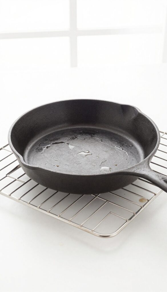 Cast iron skillet upside down in oven for re-seasoning after deep clean, with oil sheen and baking sheet below.
