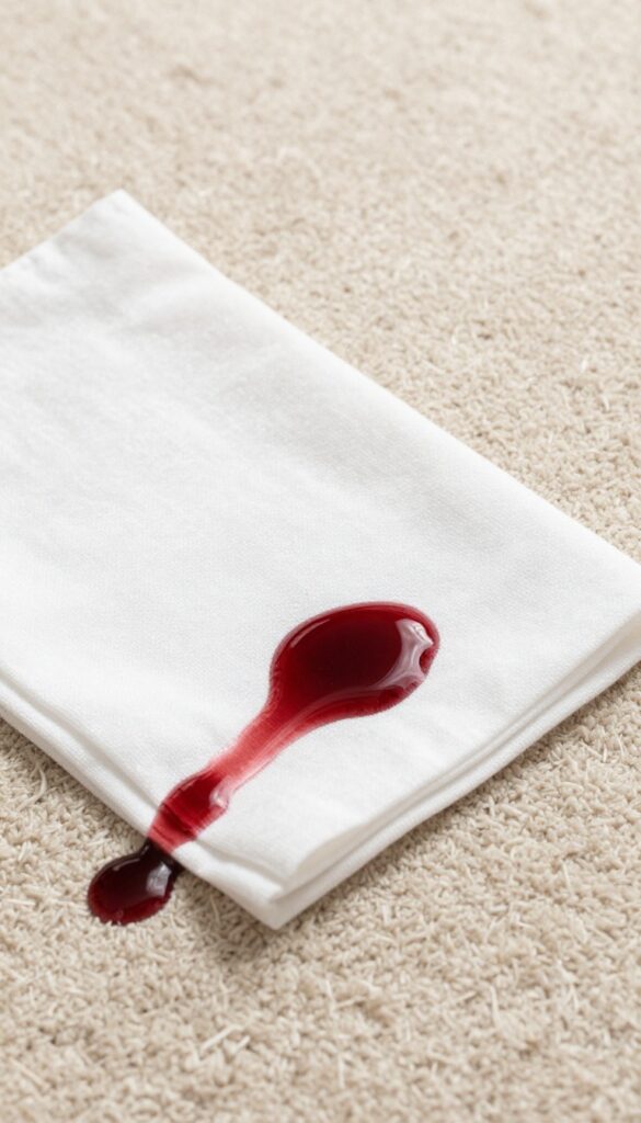 Blotting a red wine spill on a beige carpet with a white cloth