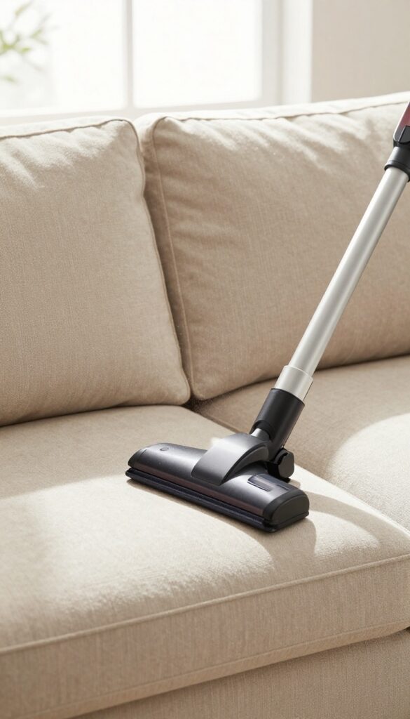 Vacuuming a couch crevice with an upholstery attachment in bright natural light