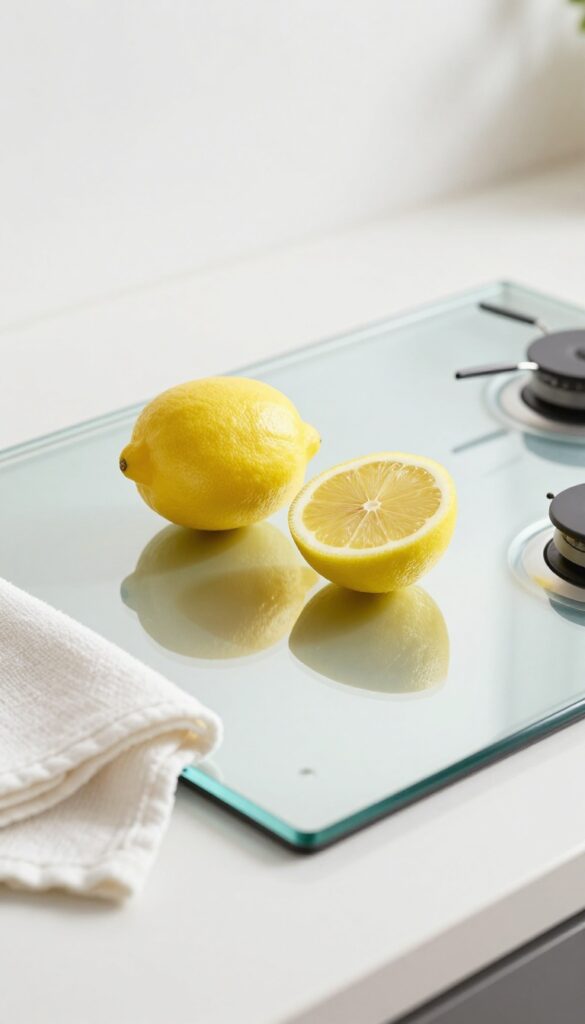 Lemon juice on glass stove top for removing hard water stains