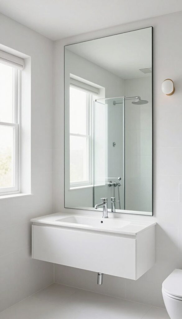 Small bathroom with large frameless mirror reflecting shower and room, creating spacious feel