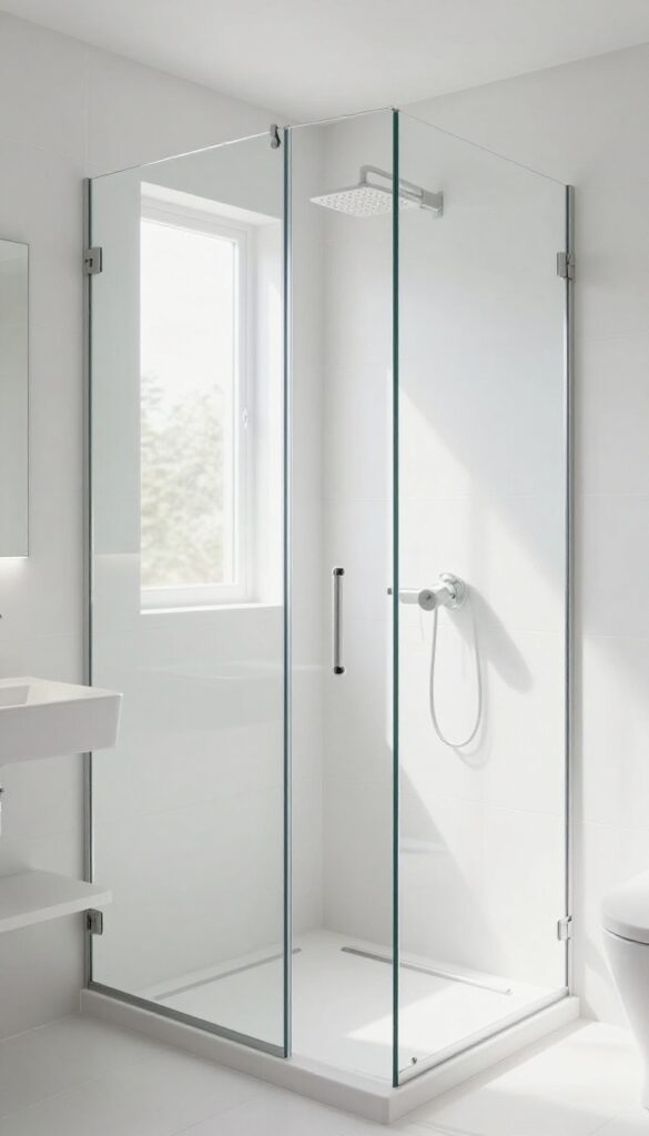 Small bathroom with frameless glass shower enclosure, bright natural light, clean and spacious design.