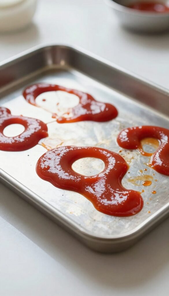 Ketchup applied to burnt sugar stains on a cookie sheet for cleaning