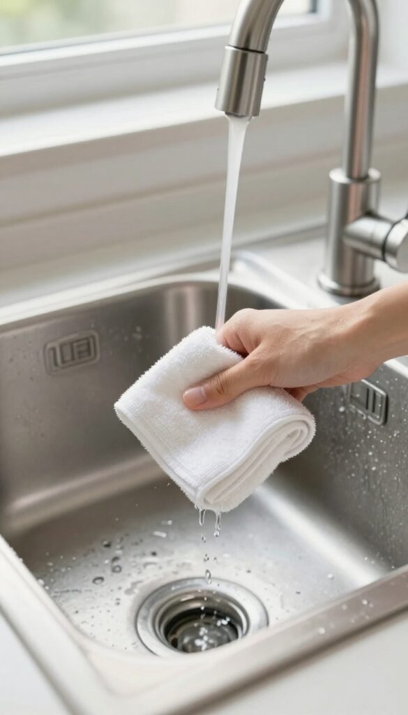 Hand wiping a stainless steel sink dry with a microfiber cloth, bright natural light, clean and shiny finish