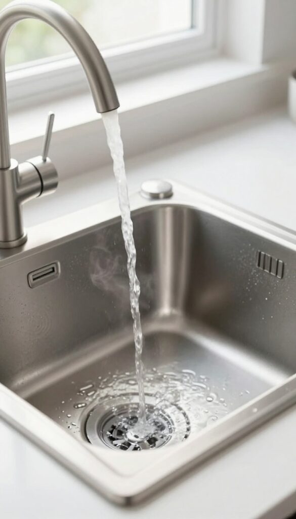 Pouring boiling water into a kitchen sink garbage disposal for cleaning