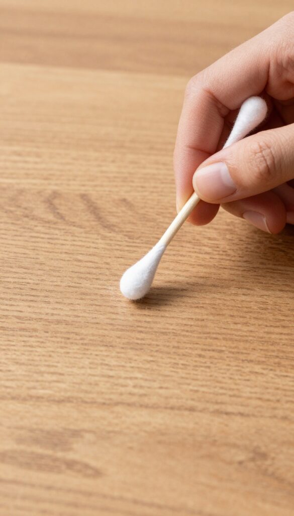 Testing furniture cleaner on a hidden spot under a wooden table with a cotton swab