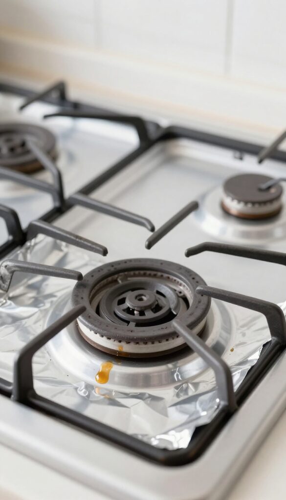 Stove burner drip pan lined with aluminum foil catching grease spills