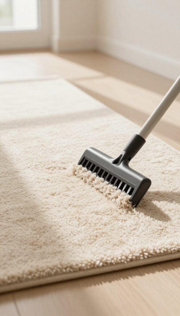 Carpet rake lifting matted fibers in a sunlit hallway
