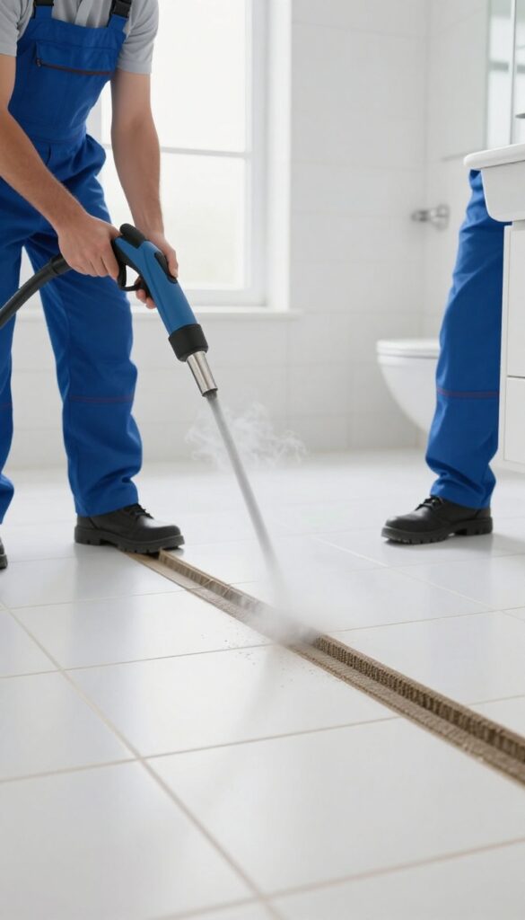 Professional grout cleaning service using steam cleaner on bathroom floor