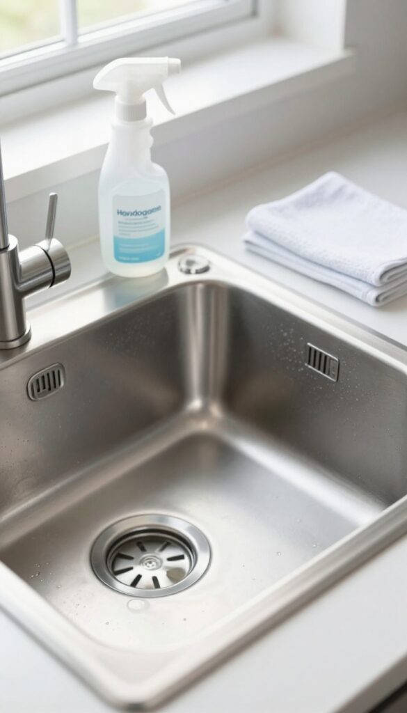 A clean stainless steel sink with a hydrogen peroxide spray bottle and microfiber cloth, bright natural light, photorealistic home cleaning inspiration.