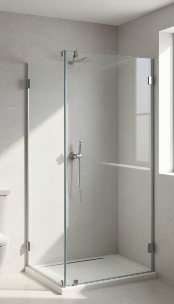 Small bathroom shower with large-format tiles reducing grout lines for a seamless look