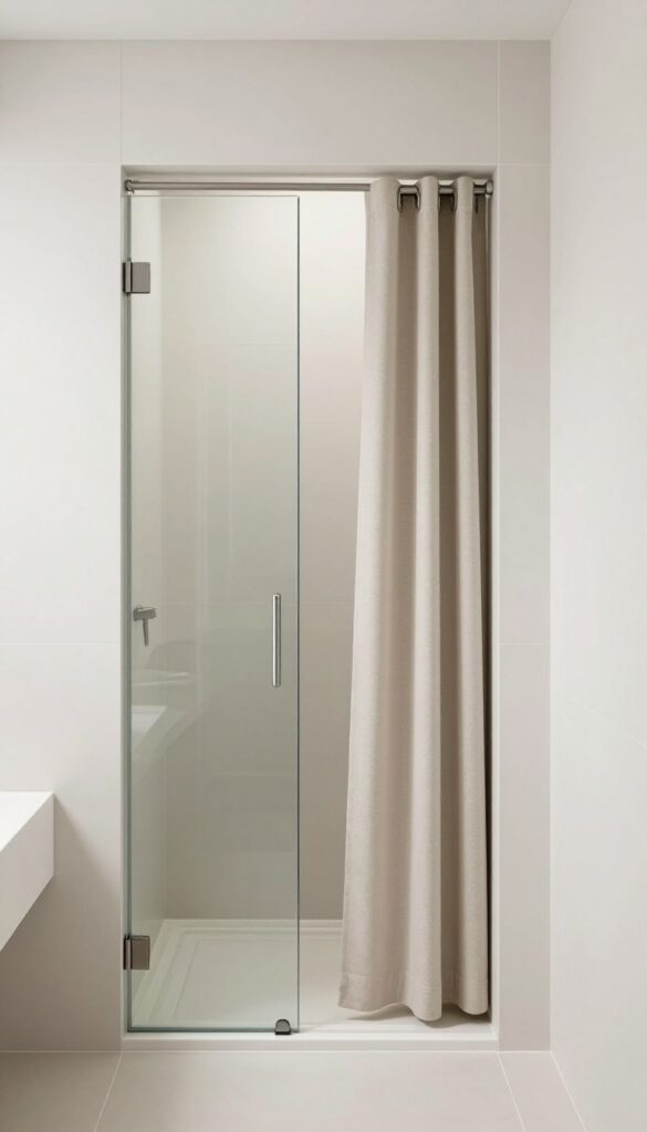 Glass door shower with retractable side curtain partially pulled across for privacy, bright natural light, clean bathroom design.
