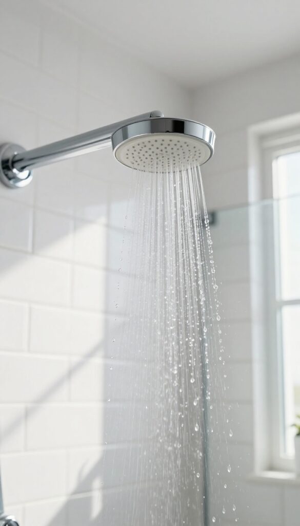 Modern shower head with built-in water softener spraying clear water in a bright bathroom