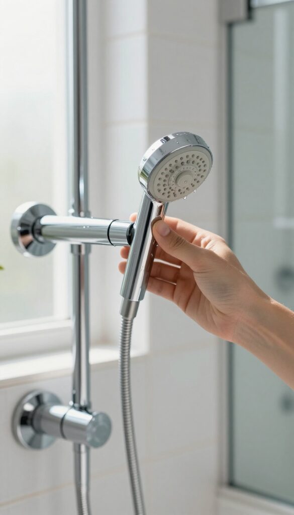 Hand tightening a clean chrome shower head onto a shower arm in a bright bathroom