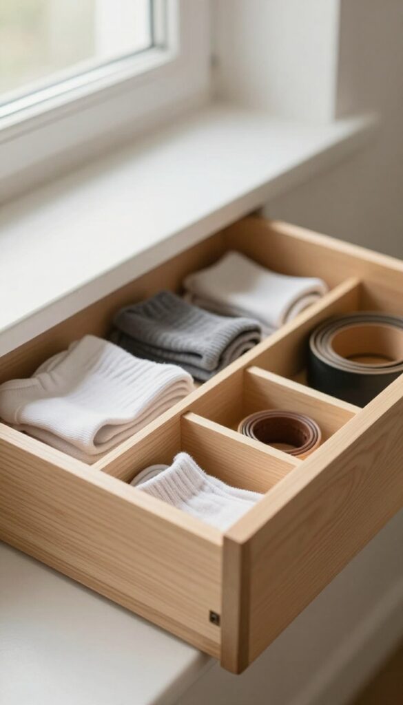 Organized wooden drawer with dividers and neatly folded items