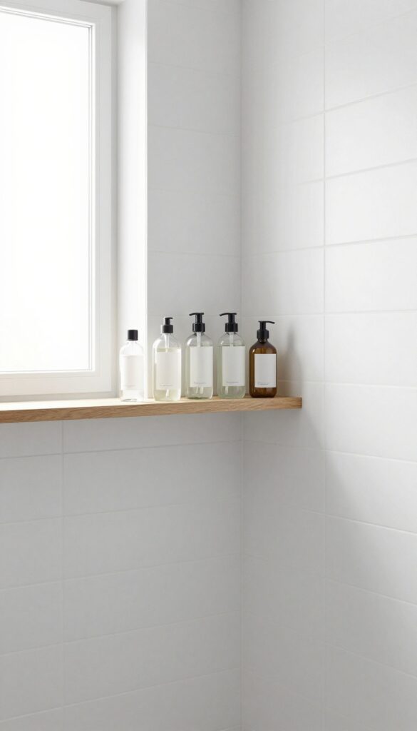 Floating teak shelf in shower with toiletries