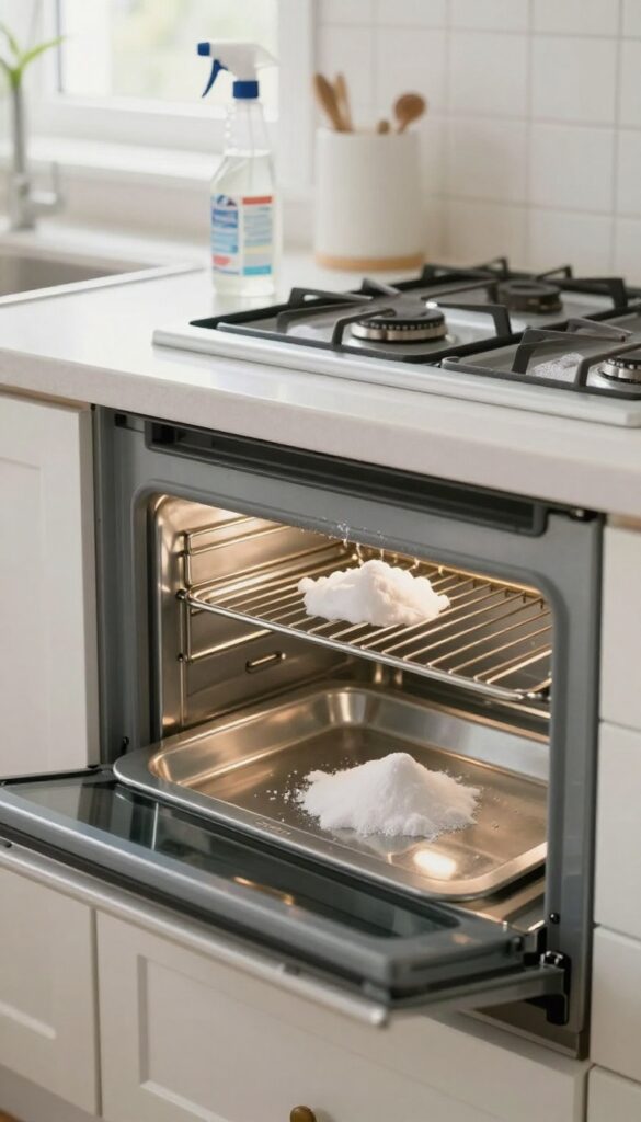 Deep cleaning oven interior with baking soda paste and vinegar spray