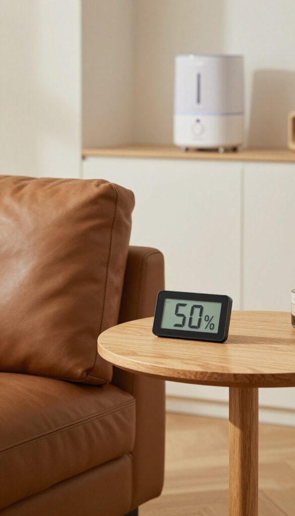 Leather couch with hygrometer and humidifier in bright living room