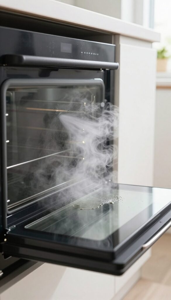 Handheld steam cleaner blasting steam onto greasy oven glass window