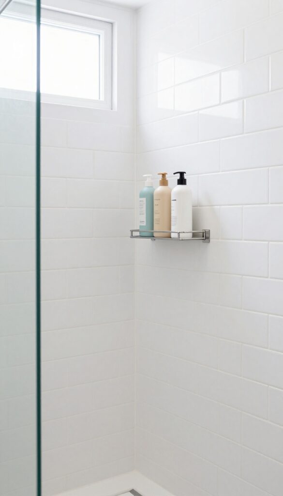 Small shower room with a single slim stainless steel corner caddy holding three bottles, bright natural light, clean and spacious look.