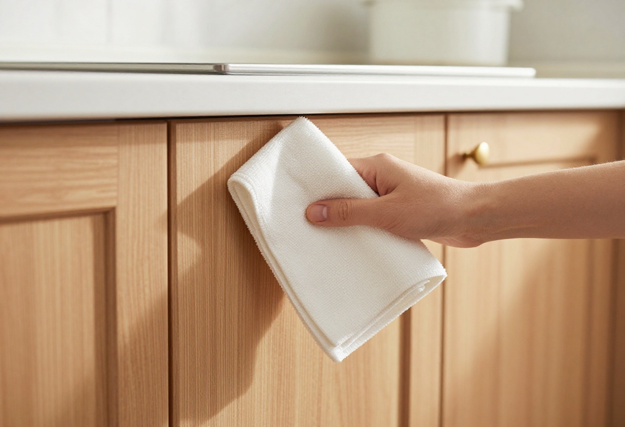 Hand wiping clean kitchen cabinets with a microfiber cloth