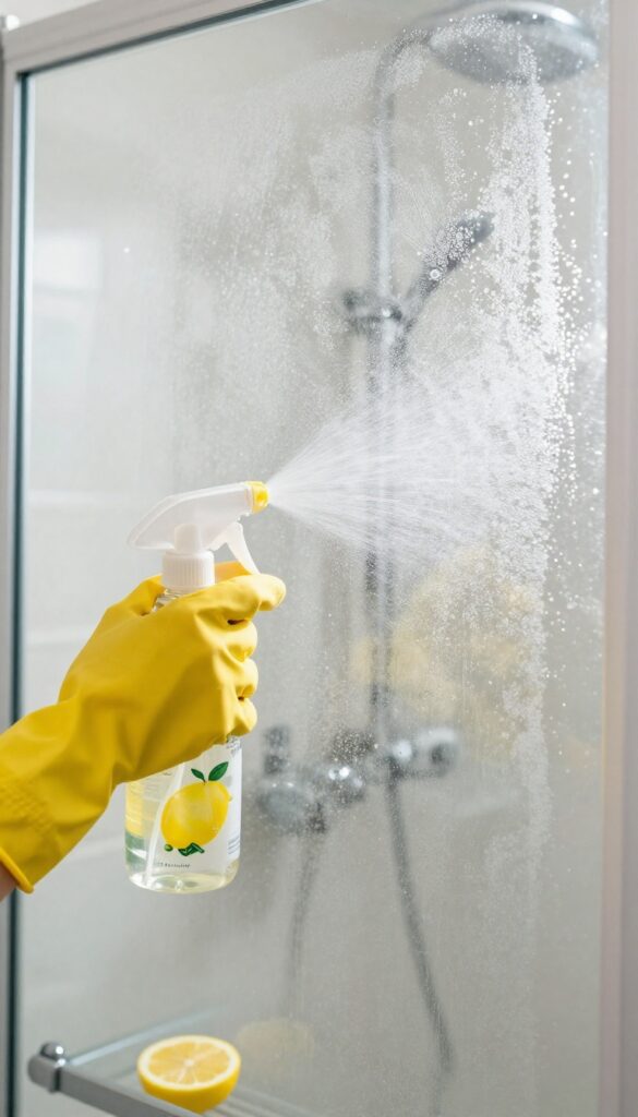 Cleaning hard water stains on a glass shower door with lemon juice spray, wearing rubber gloves.
