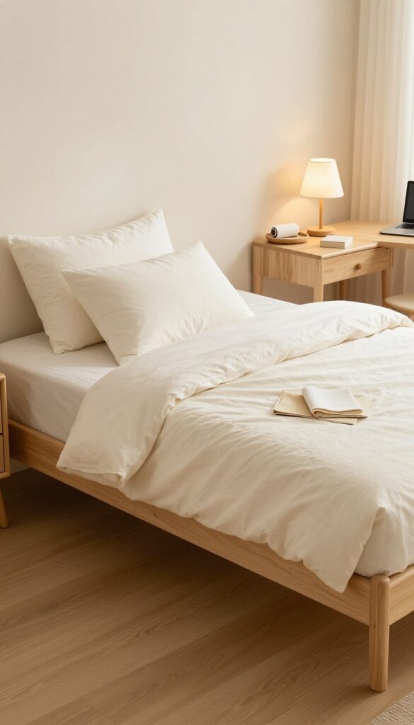 A tidy bedroom with a made bed and clear surfaces, ready for a 5-minute evening reset.