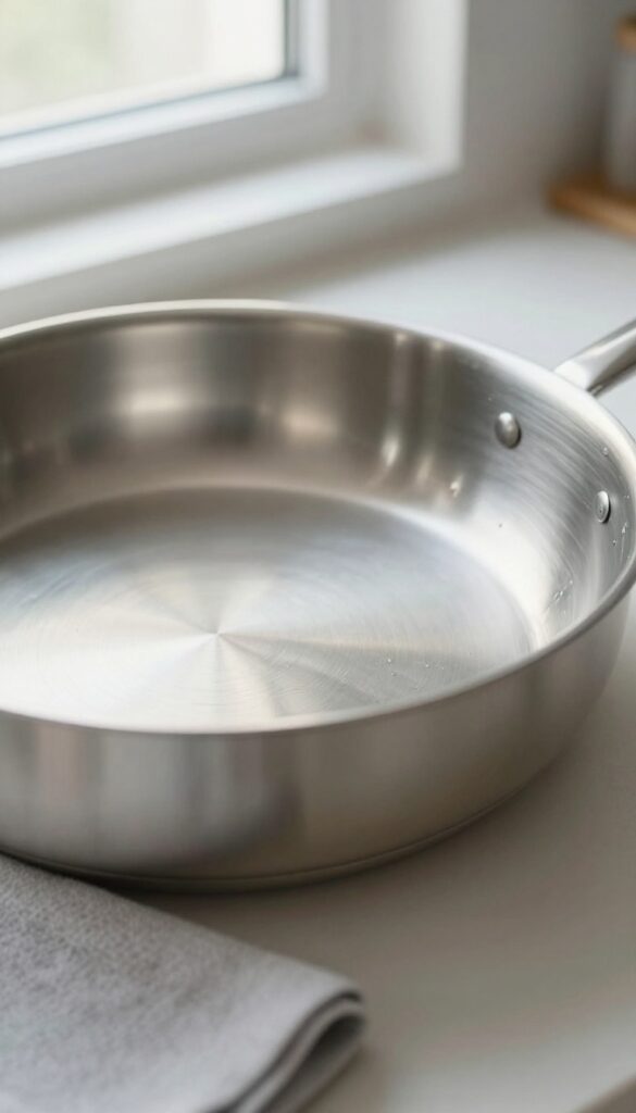 Drying a stainless steel pan with a microfiber cloth to prevent water spots, achieving a polished shine in a bright kitchen.