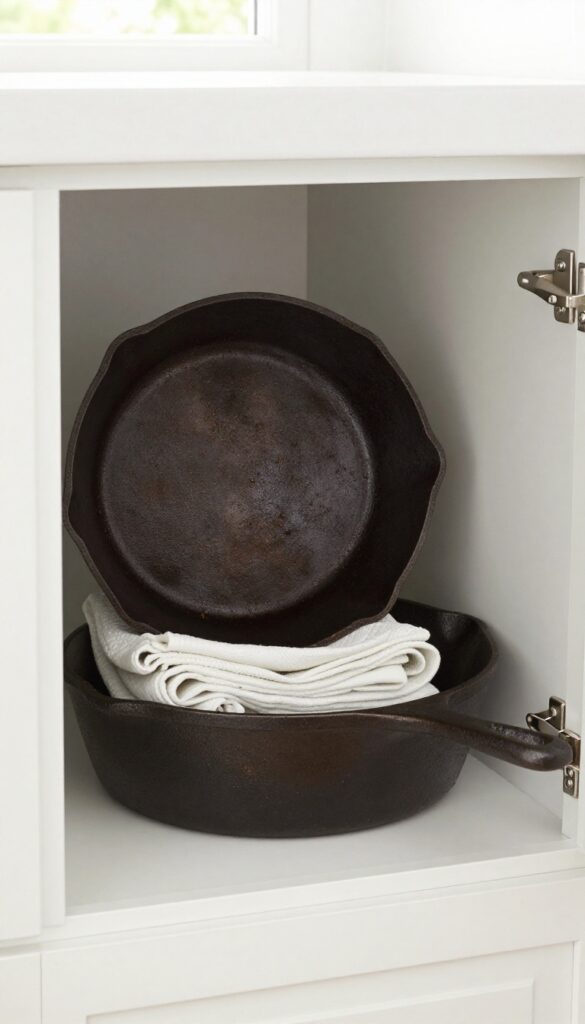 Cast iron skillet with a paper towel inside stored in a cabinet