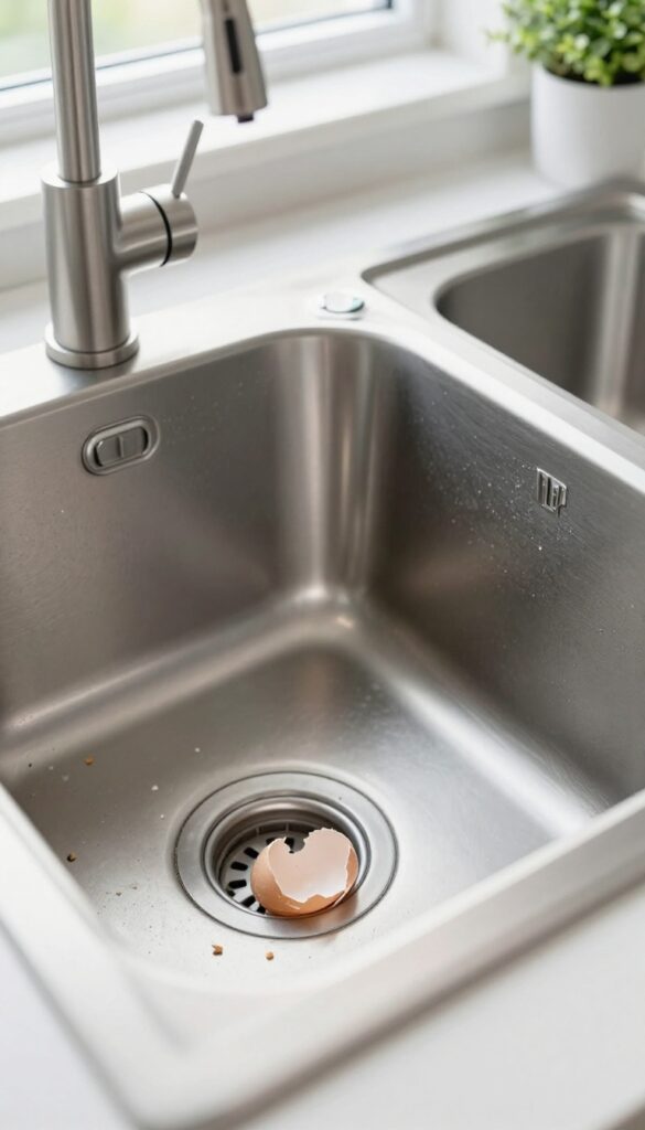 Close-up of a kitchen sink drain with crushed eggshells inside the garbage disposal, natural light, clean composition