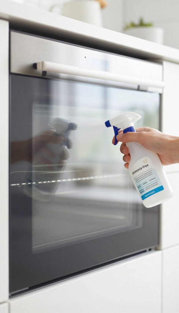 Cleaning oven door with ammonia-free glass cleaner and microfiber cloth