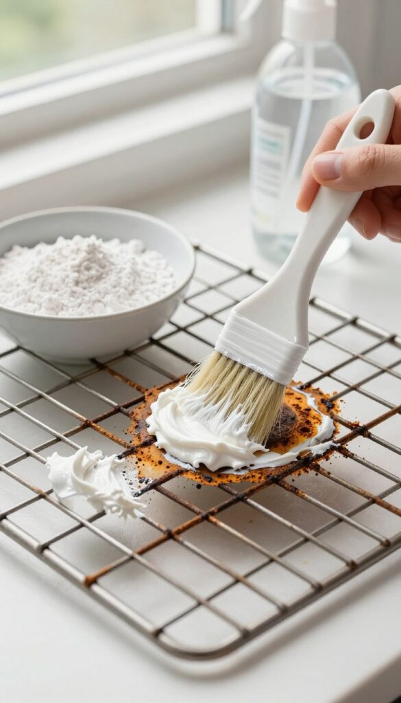 Applying Bar Keepers Friend paste to rust spots on an oven rack