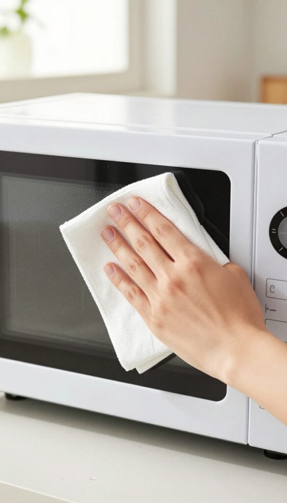 Hand wiping inside of a clean microwave with a damp cloth after use
