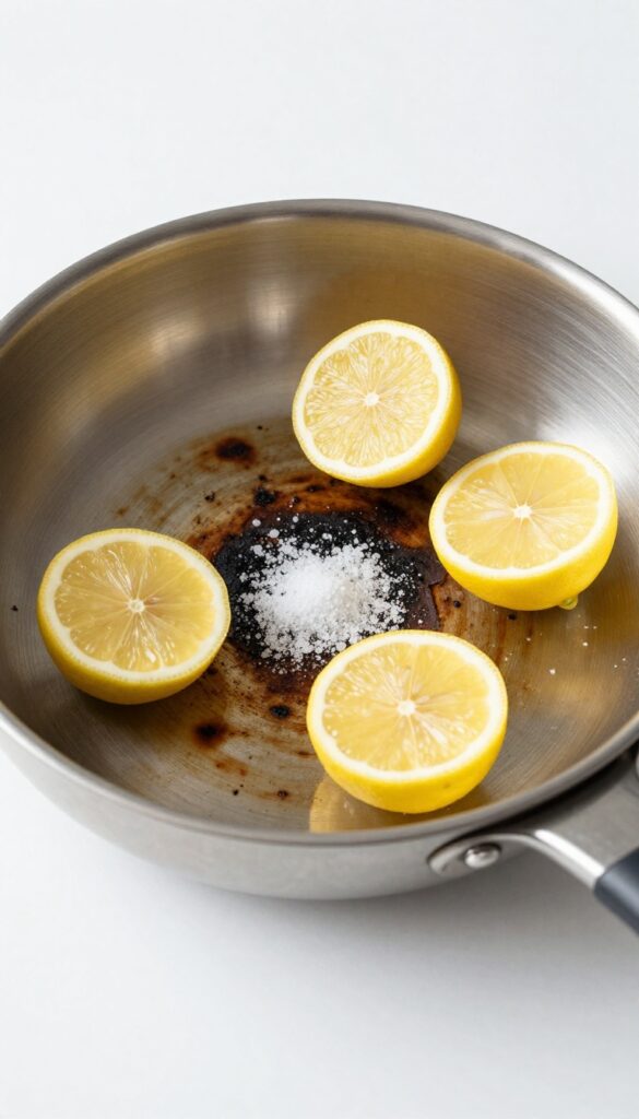 Lemon and salt scrub on burnt pan marks