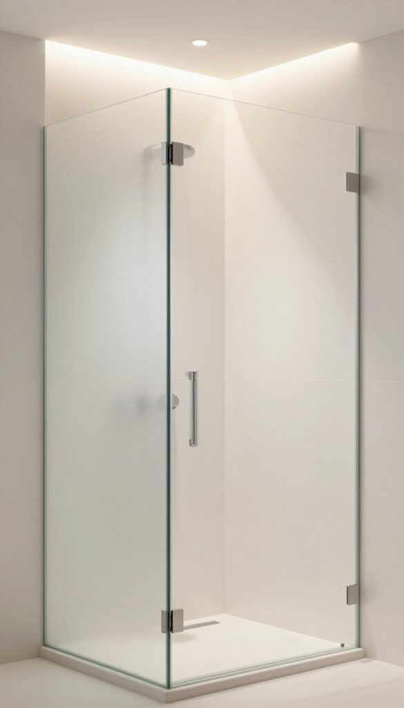 Modern shower with indirect lighting from frosted glass panels and recessed LEDs, creating a warm, spa-like glow.