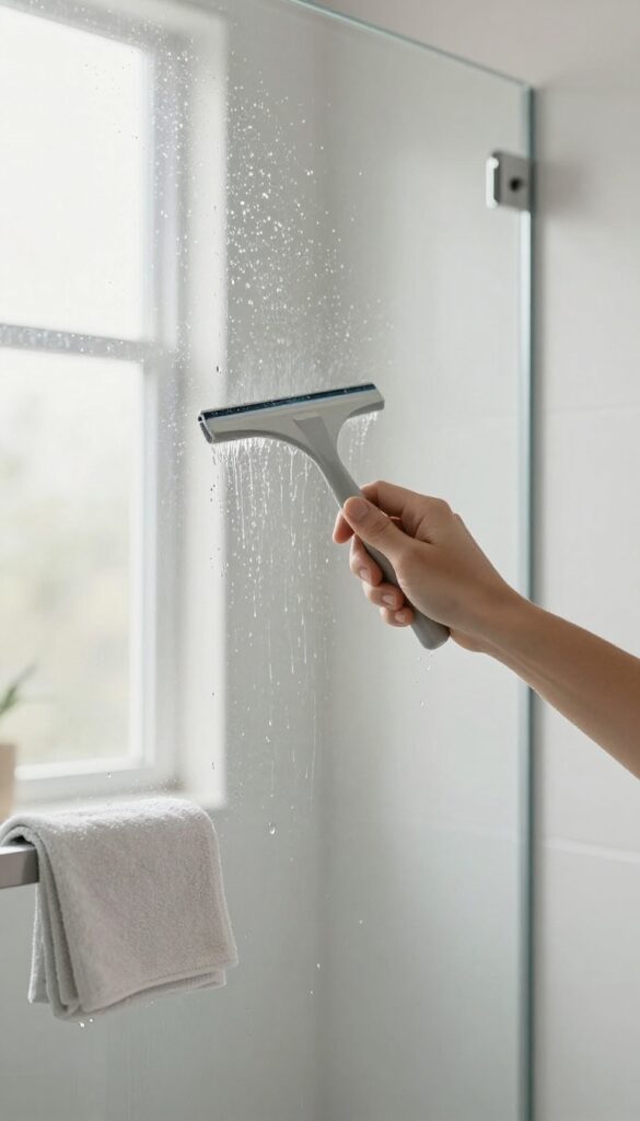 Hand wiping a glass shower door with a squeegee to prevent water spots