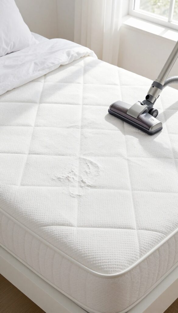 Close-up of a mattress lightly sprinkled with baking soda for deodorizing, with a vacuum cleaner nearby.