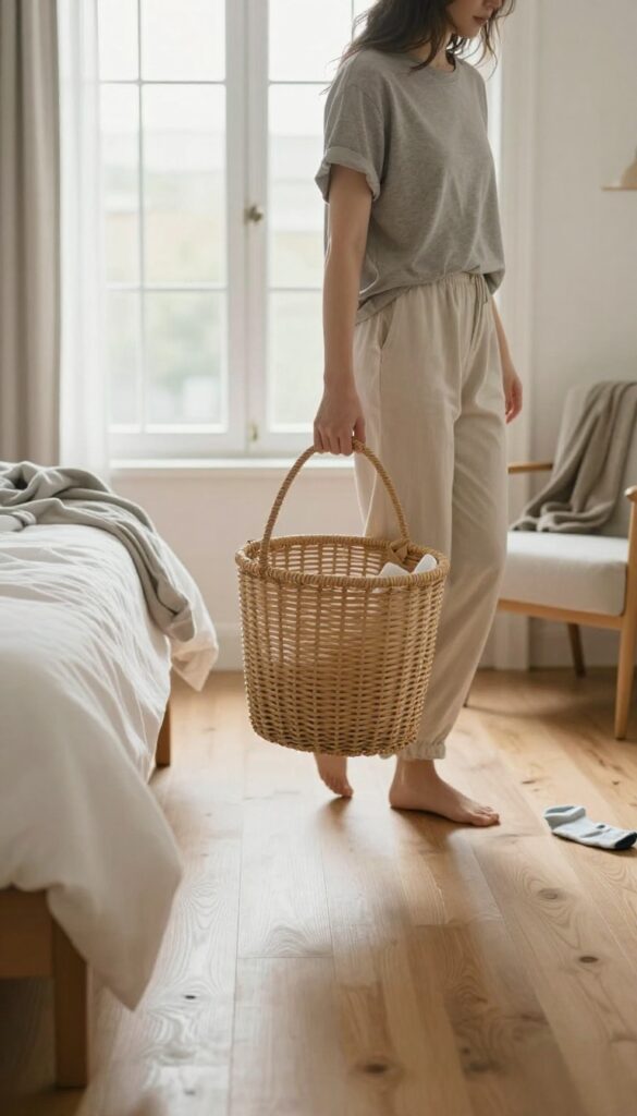 Person with laundry basket sweeping bedroom for clothes