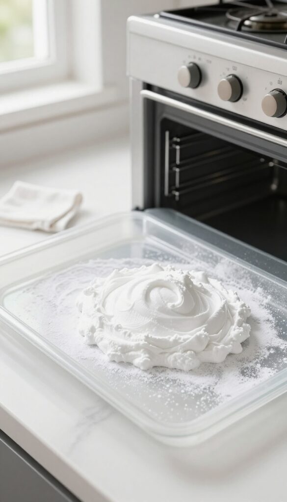Baking soda paste applied to oven interior for cleaning grime