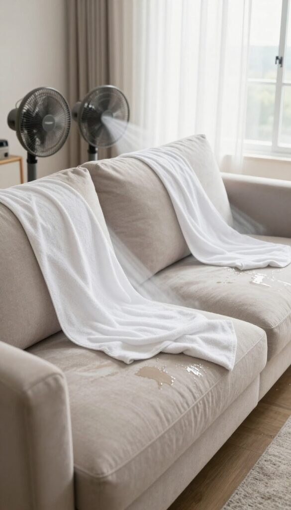 Drying upholstery after cleaning with fans and open window
