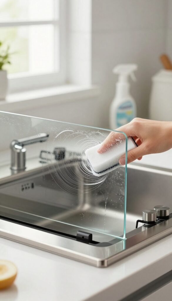 Hand using a magic eraser to clean greasy oven glass, showing a streak-free result.