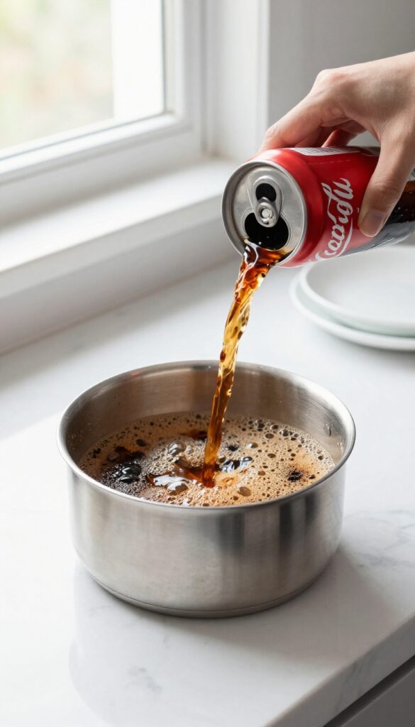 Pouring Coca-Cola into a burnt stainless steel pot for cleaning